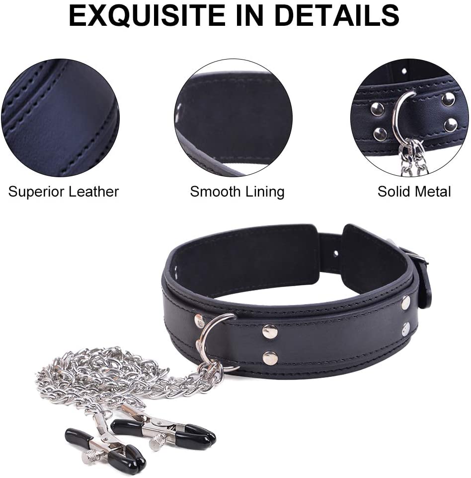 Leather Neck collar with chained nipple clamps - image 3