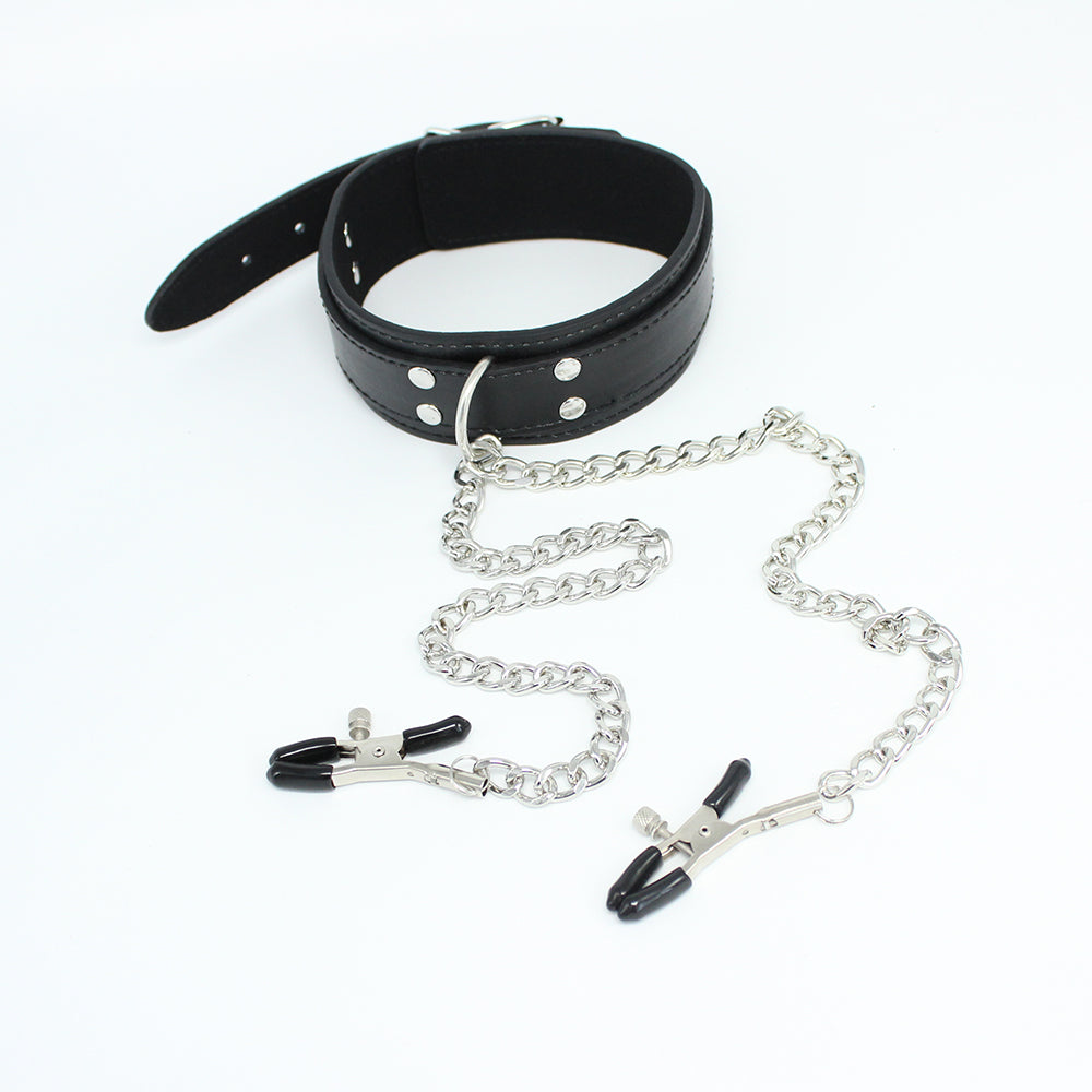 Leather Neck collar with chained nipple clamps