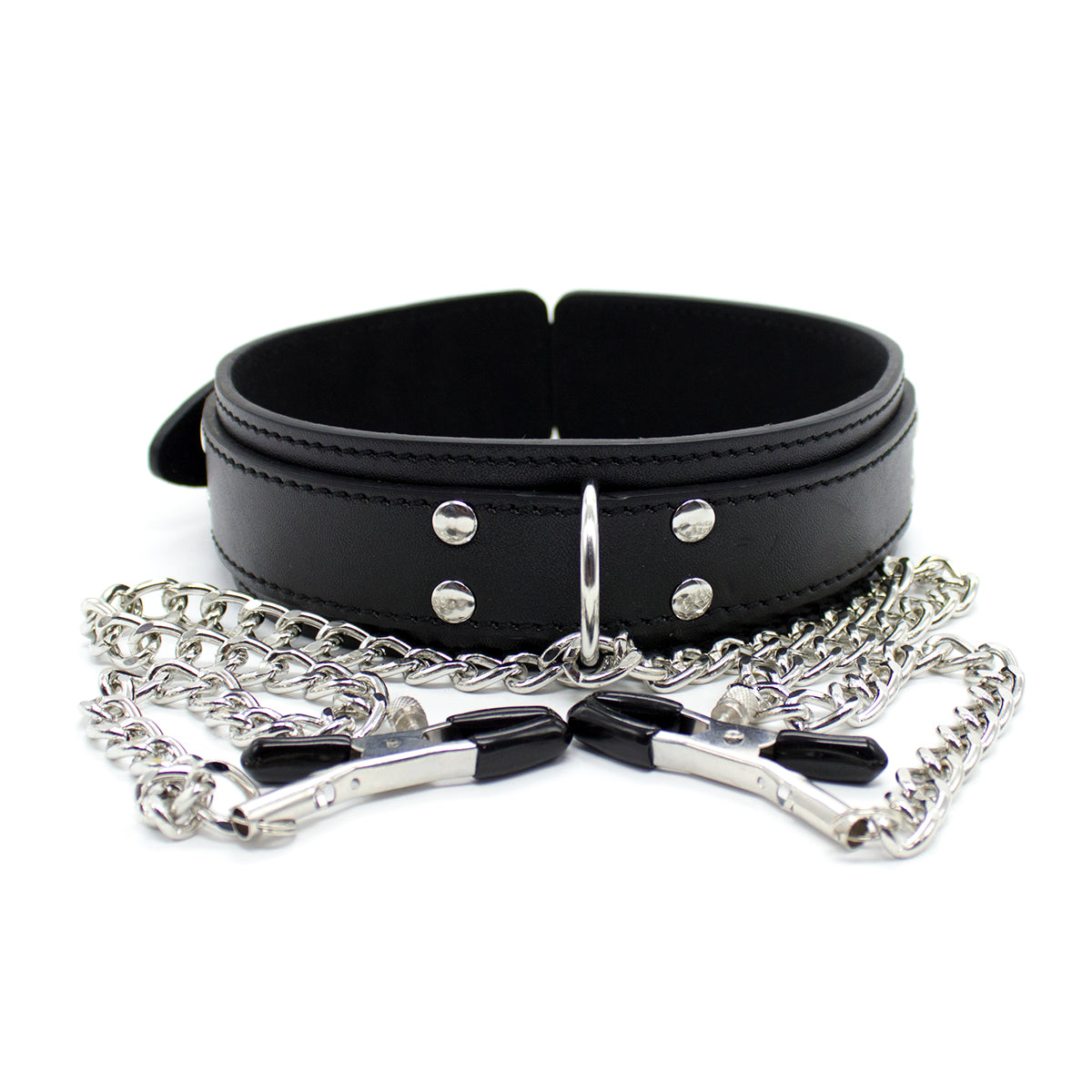 Leather Neck collar with chained nipple clamps - image 2