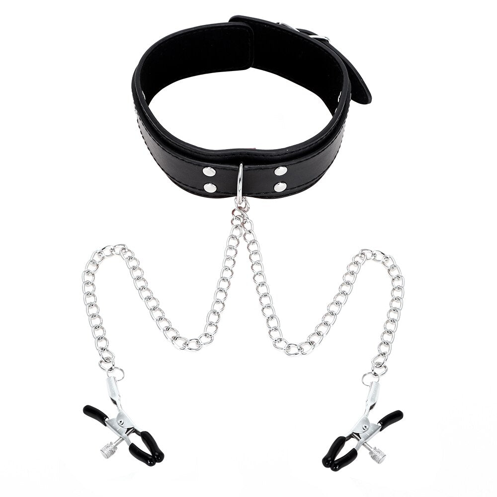 Leather Neck collar with chained nipple clamps - image 9