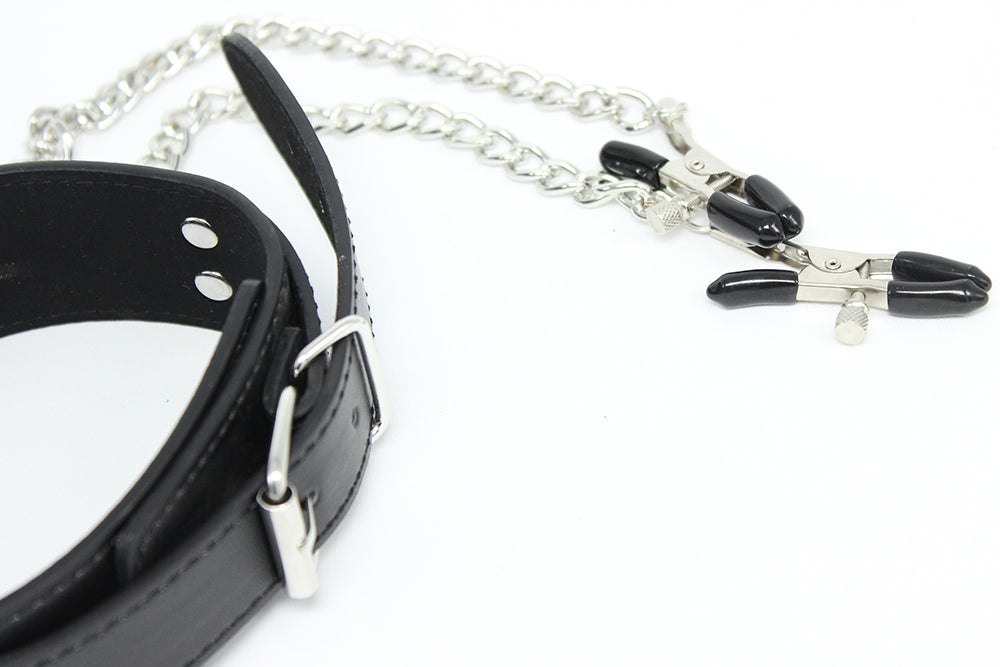 Leather Neck collar with chained nipple clamps - image 7