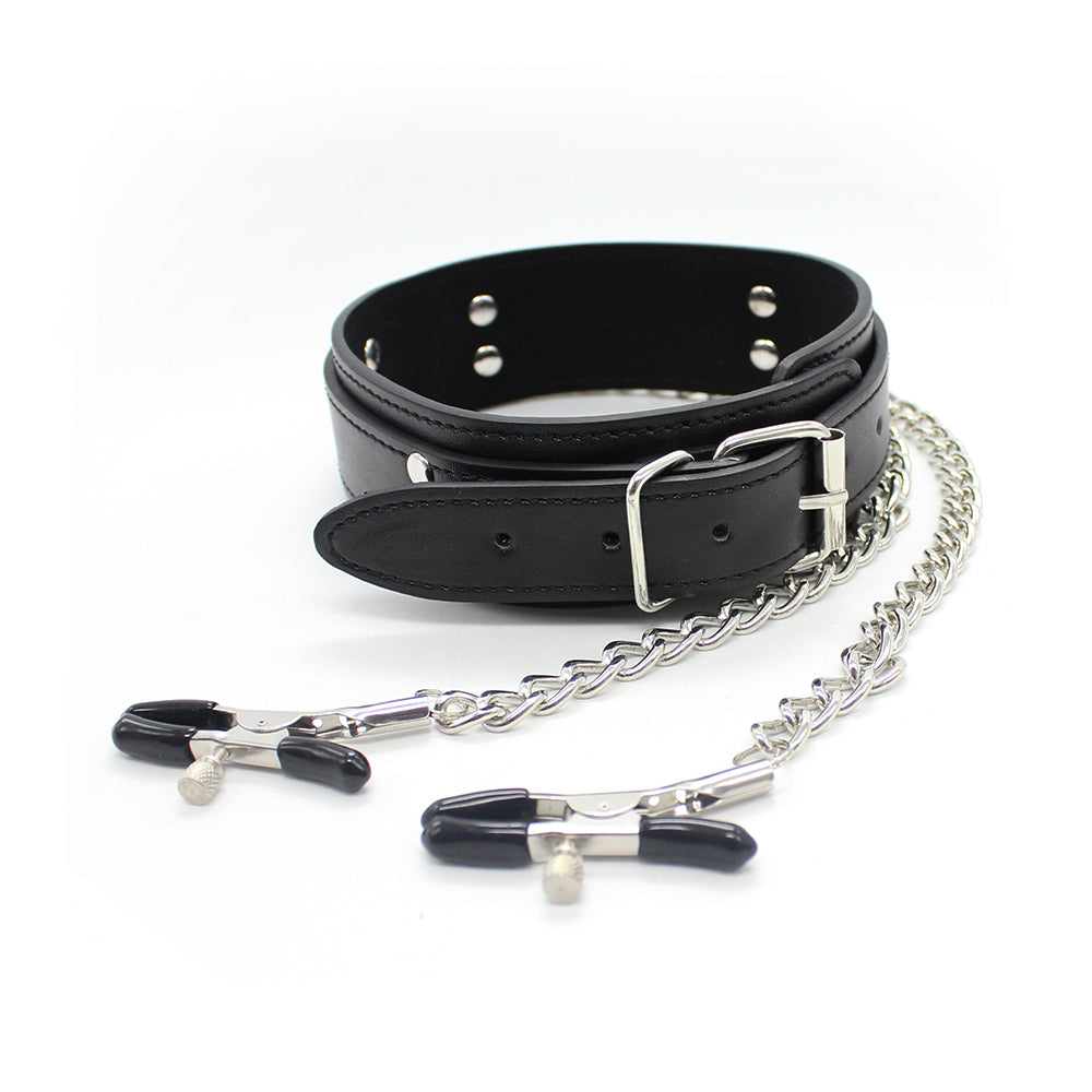 Leather Neck collar with chained nipple clamps - image 8