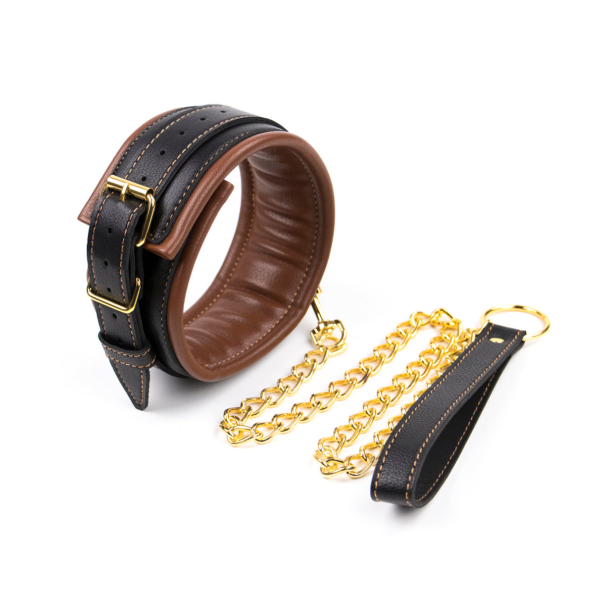 Brown Black Leather Collar with Gold metal chain Leash