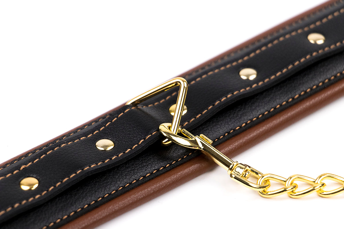 Brown Black Leather Collar with Gold metal chain Leash Δευτερεύουσα εικόνα προϊόντος