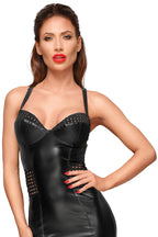 Noir Handmade Powerwetlook Pencil Dress with Chequered Tape Inserts - image 5