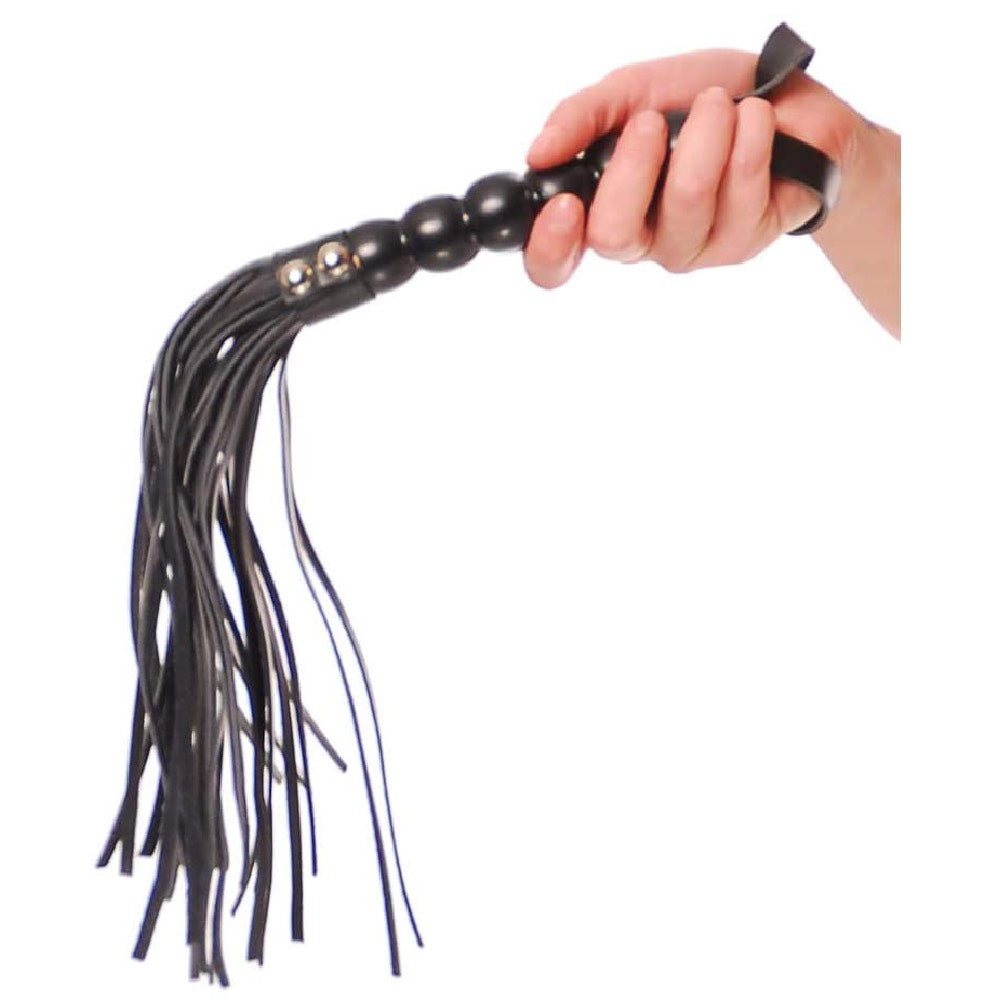Naughty Toys Black Leather Flogger Whips with Beaded Handle 65 cm Δευτερεύουσα εικόνα προϊόντος