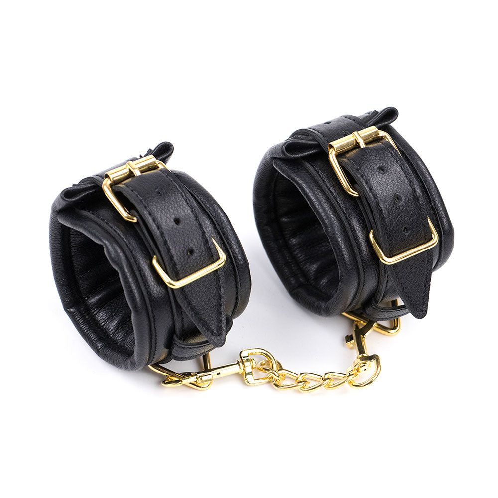 Black Soft Padded Leather WRIST Cuffs with Golden Chain