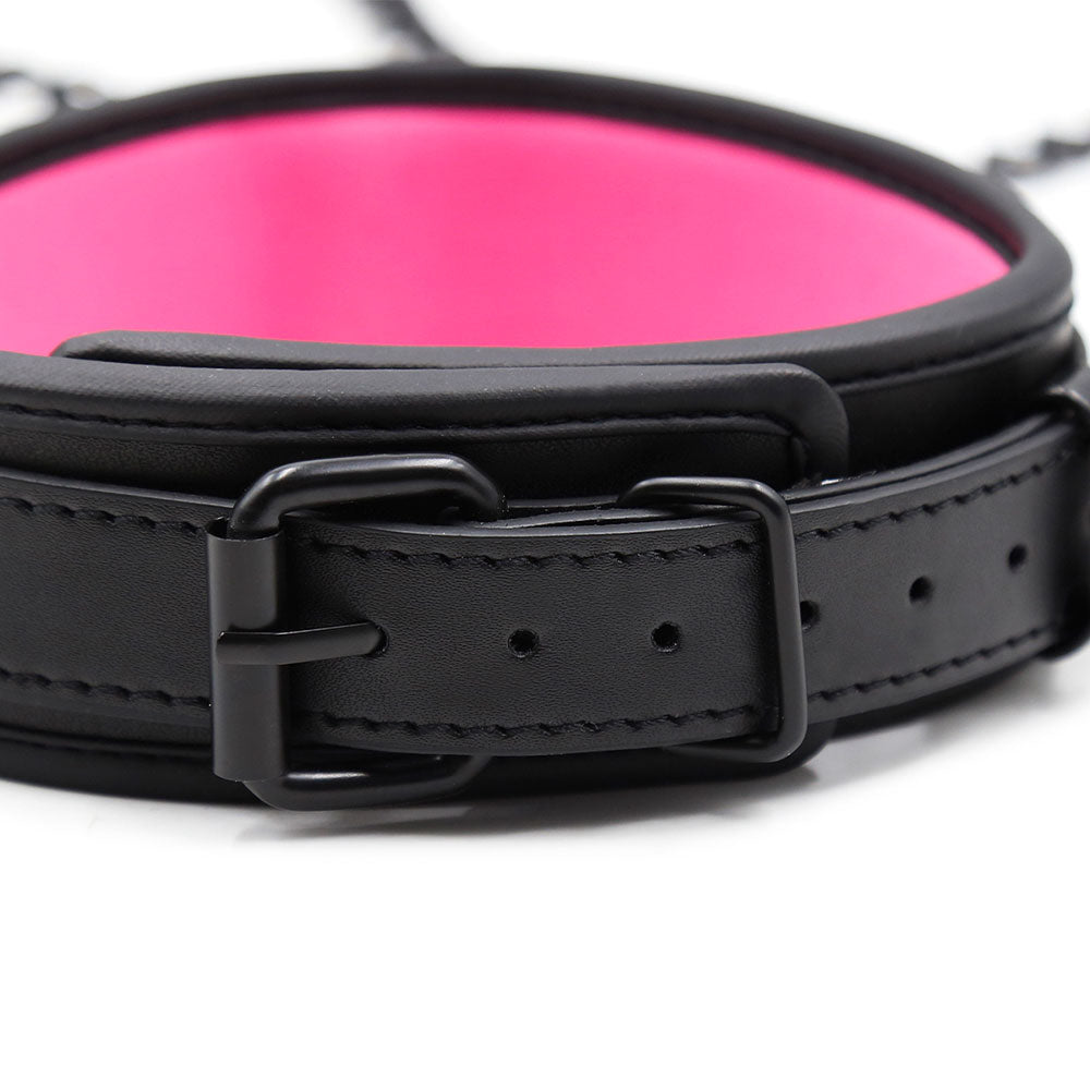 Leather Neoprene BLACK-PINK Neck Collar with Metallic Leash 60 cm - image 6