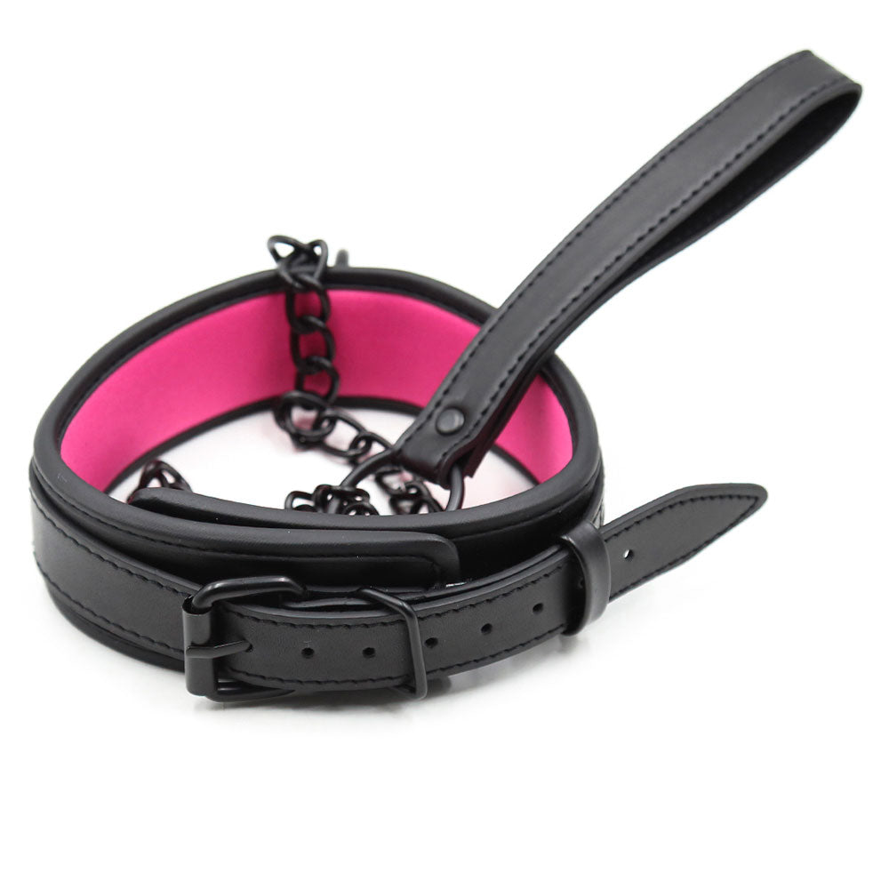 Leather Neoprene BLACK-PINK Neck Collar with Metallic Leash 60 cm - image 3