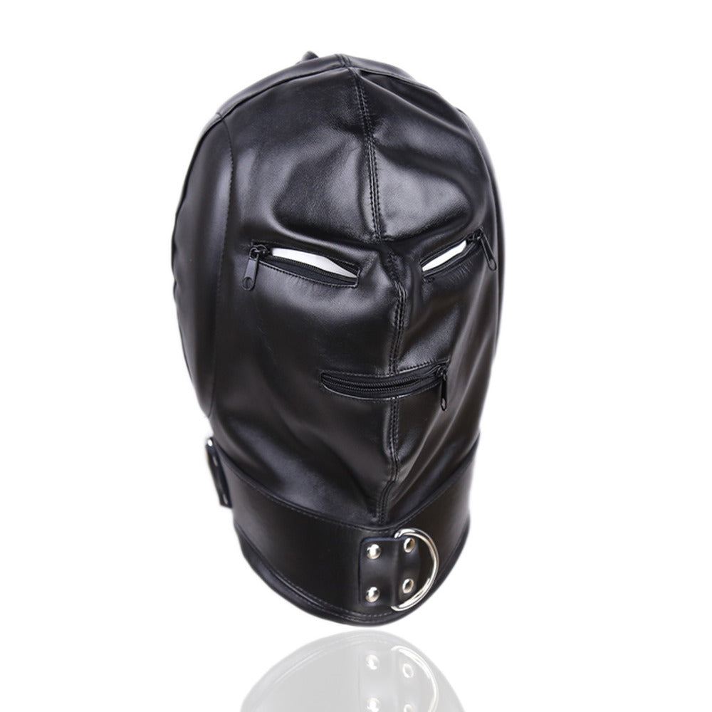 Bdsm Leather Hood with Sponge Earmuffs and mouth eyes zippers - image 2