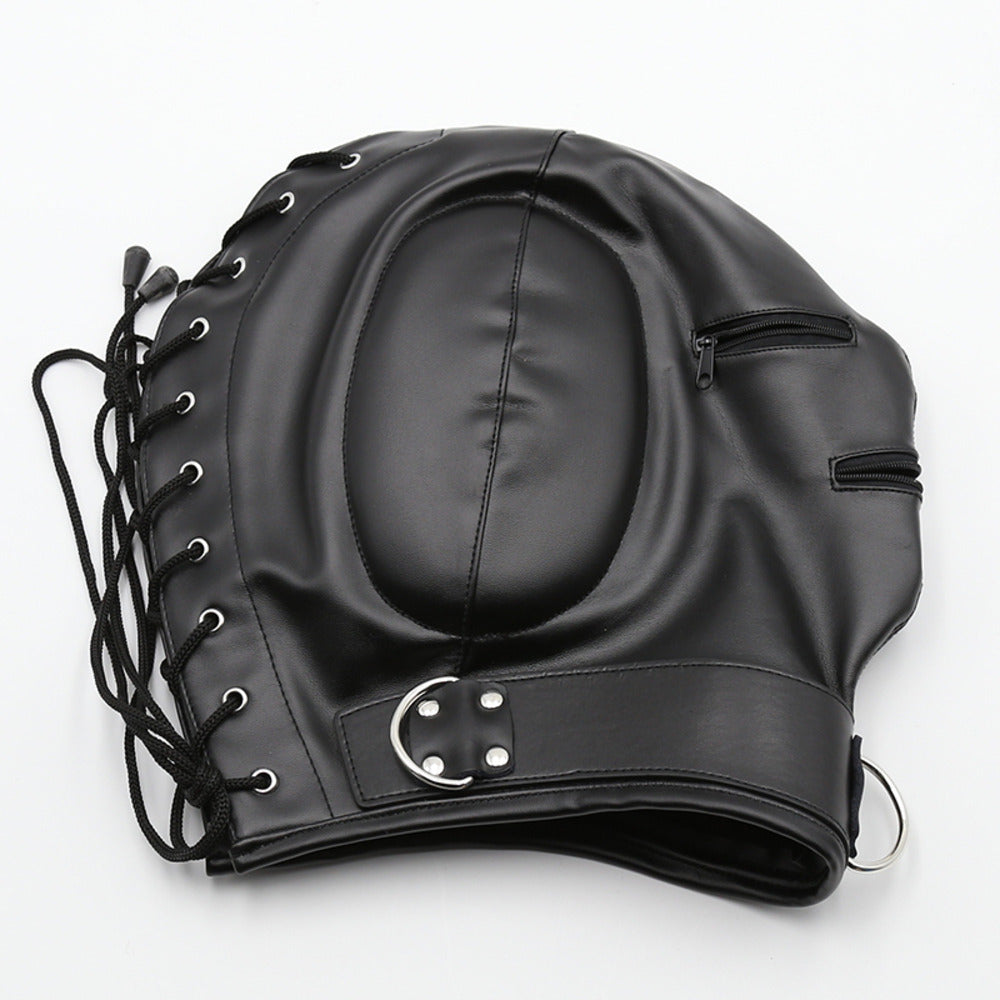 Bdsm Leather Hood with Sponge Earmuffs and mouth eyes zippers - image 8