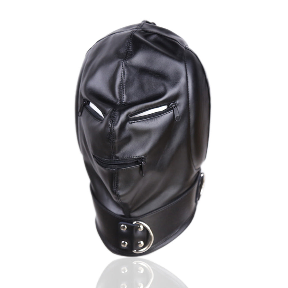 Bdsm Leather Hood with Sponge Earmuffs and mouth eyes zippers Κύρια εικόνα προϊόντος