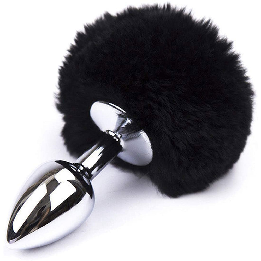 BLACK Bunny Tail with Metal Butt Plug- SMALL