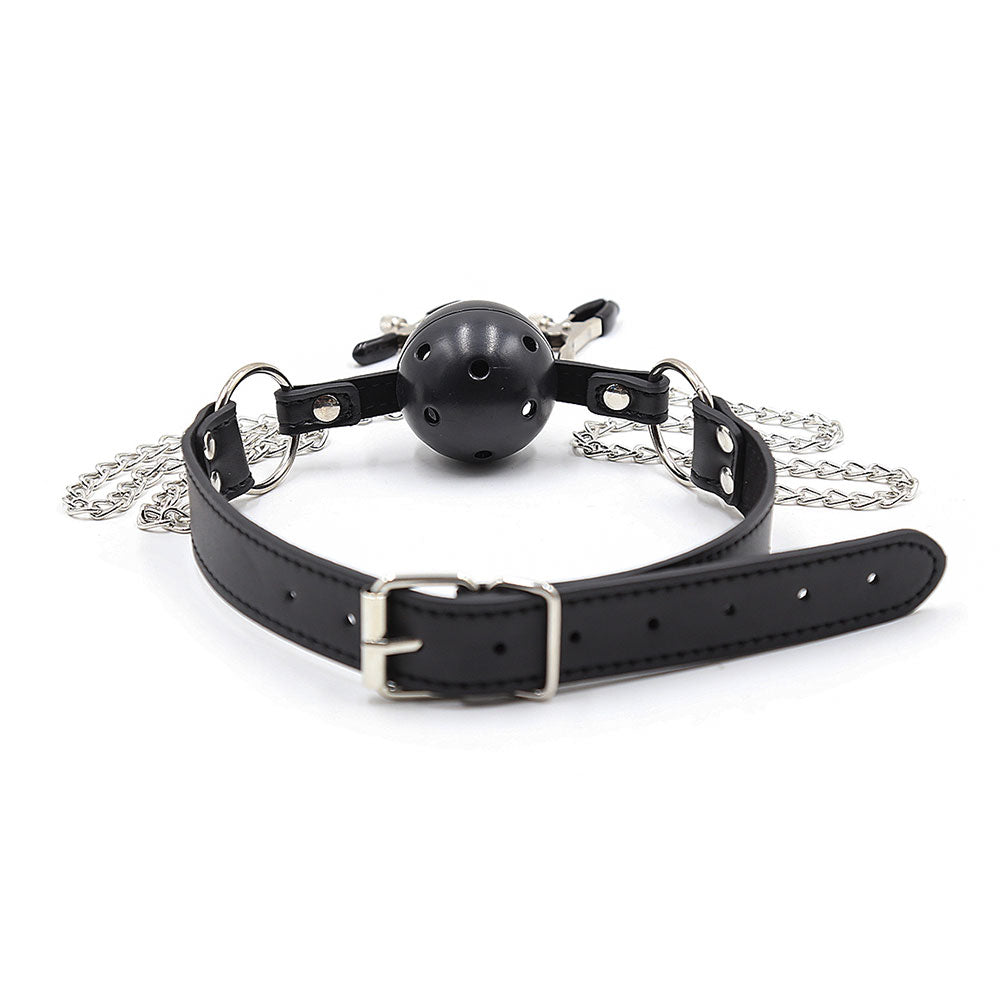 Breathable ball gag with adjustable pressure nipple Clamps - image 2