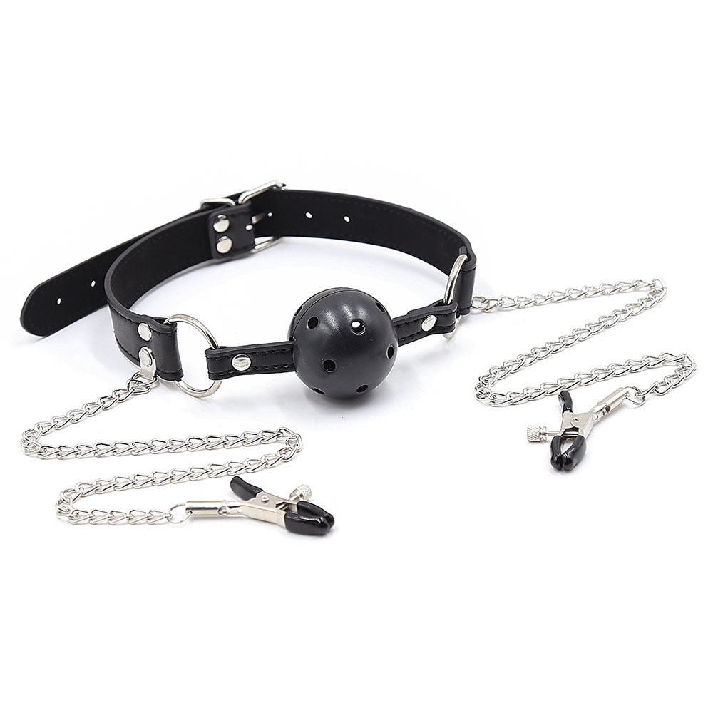 Breathable ball gag with adjustable pressure nipple Clamps