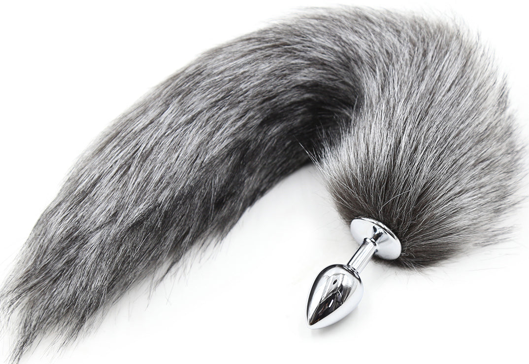 Grey Faux Fur Fox Tail with metal butt plug SMALL Secondary image
