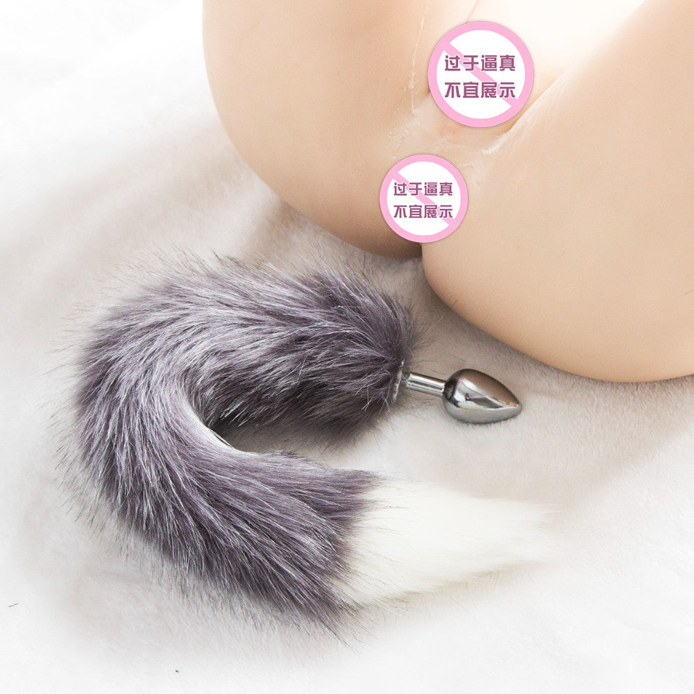 Grey white tipped faux fur Fox tail metal butt plug LARGE - image 6