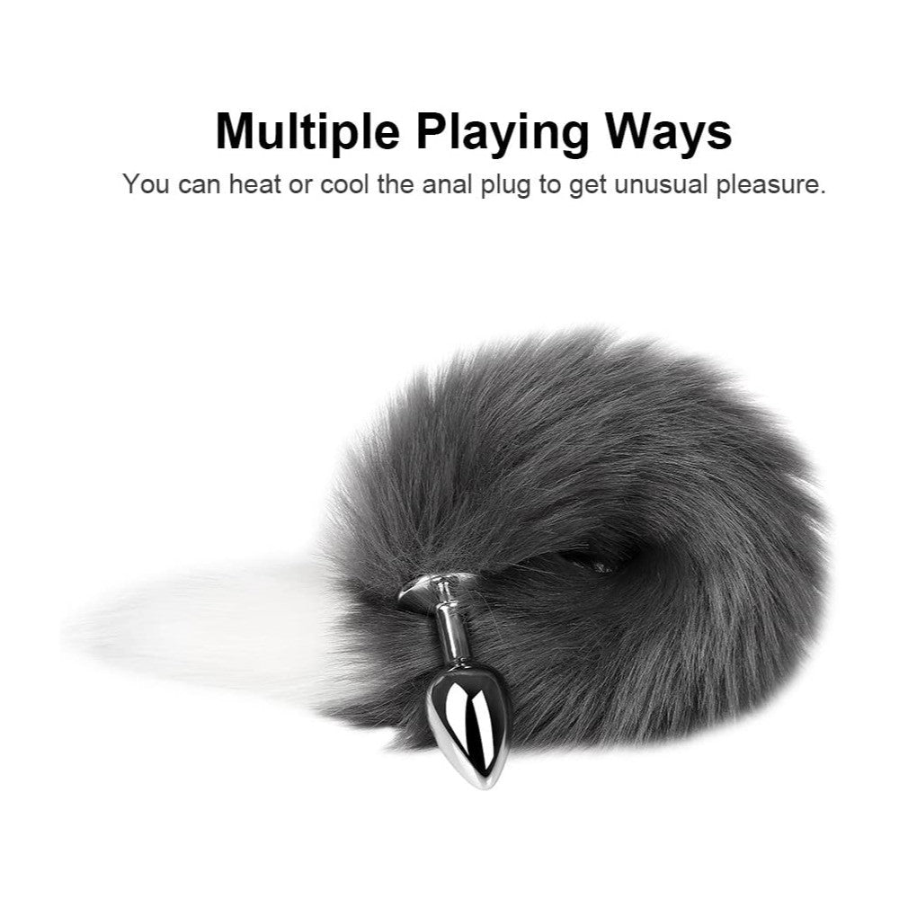 Grey white tipped faux fur Fox tail metal butt plug LARGE - image 4