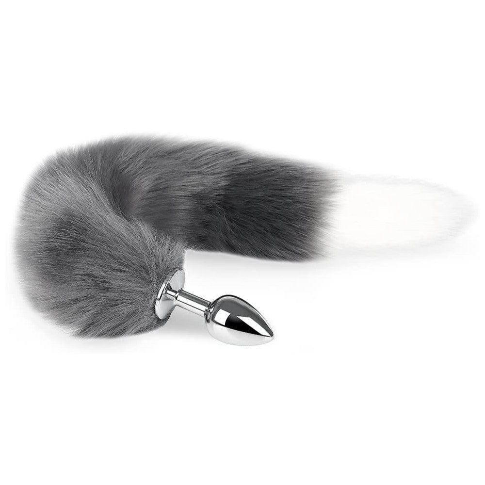 Grey white tipped faux fur Fox tail metal butt plug LARGE - image 5
