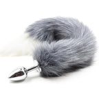 Grey white tipped faux fur Fox tail metal butt plug MEDIUM