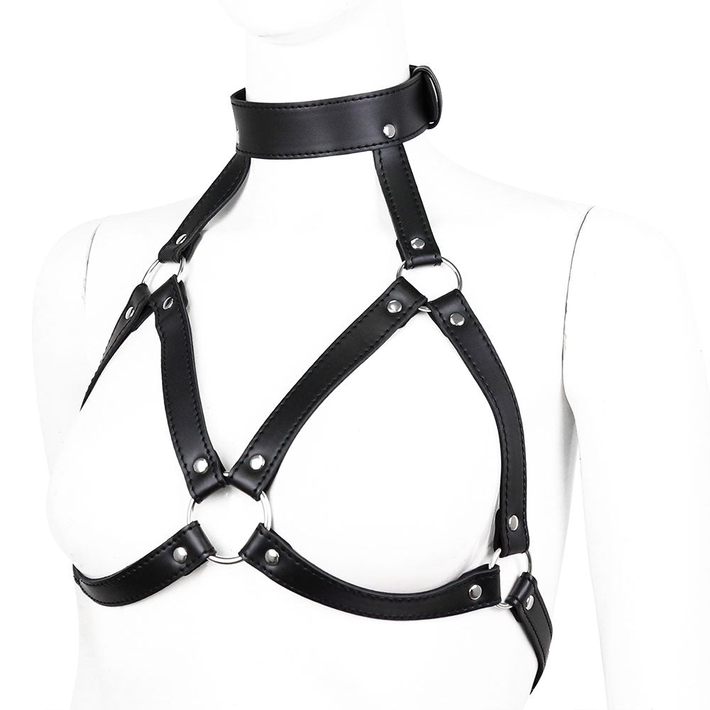Fetish fashion leather body chest straps harness bra