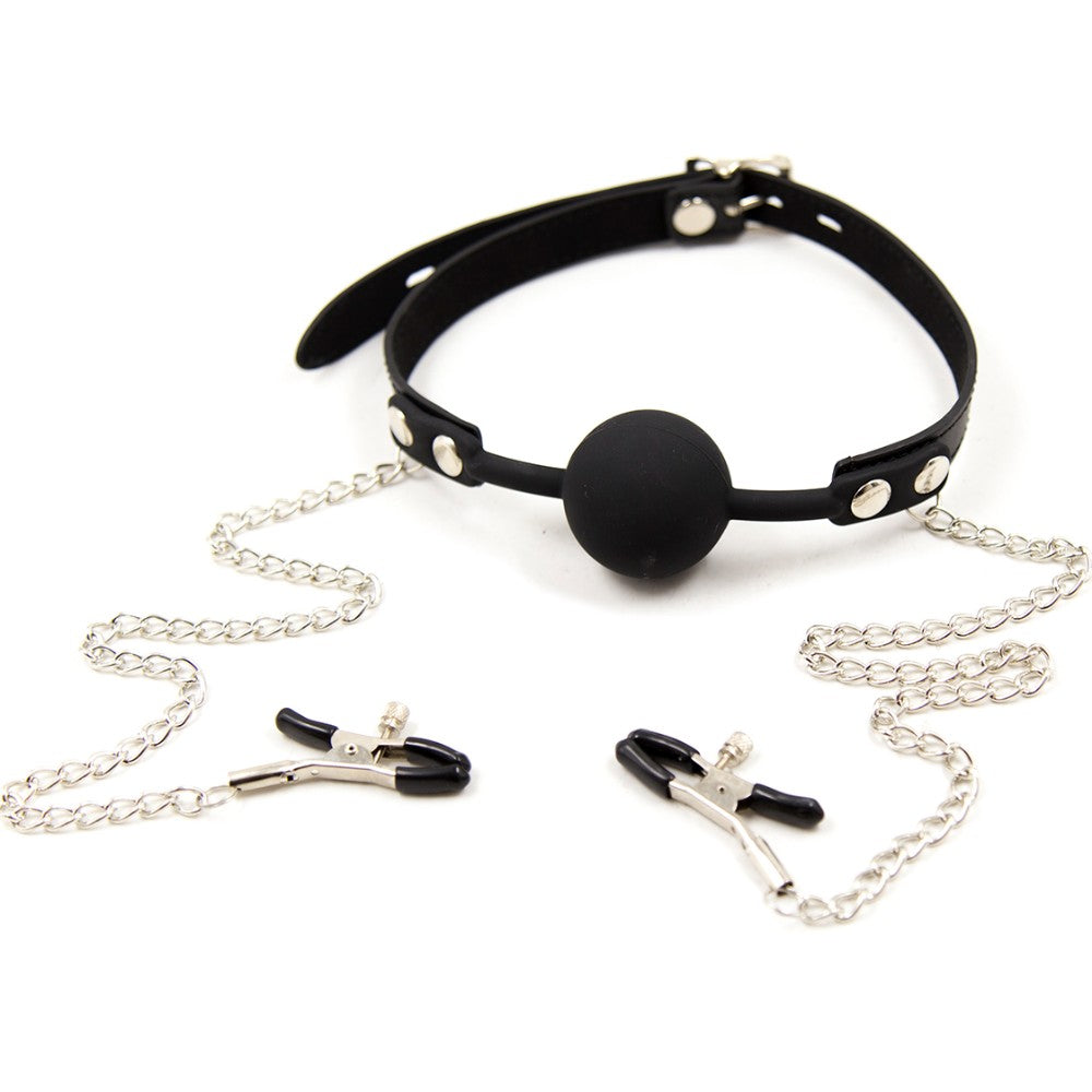 Silicone Ball gag with chained nipple clamps
