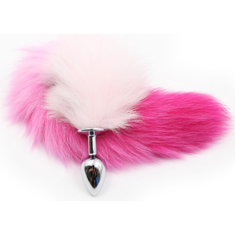 White with Pink tip faux fur Fox tail with metal butt plug SMALL Κύρια εικόνα προϊόντος