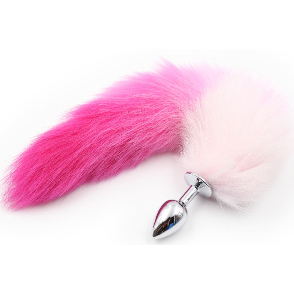 White with Pink tip faux fur Fox tail with metal butt plug SMALL - image 2