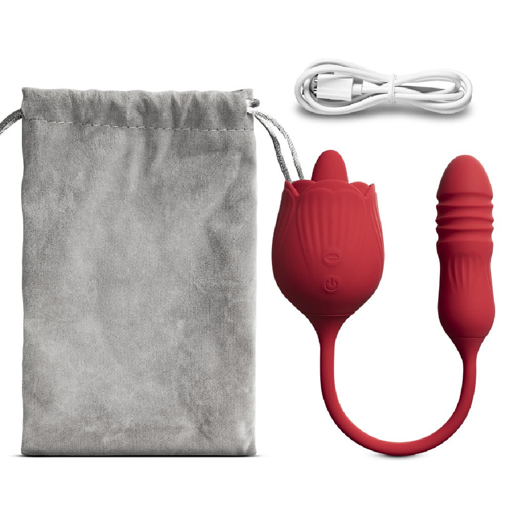 RED silicone clitoral Rose Licking Tongue with thrusting Bullet Vibrator - image 4