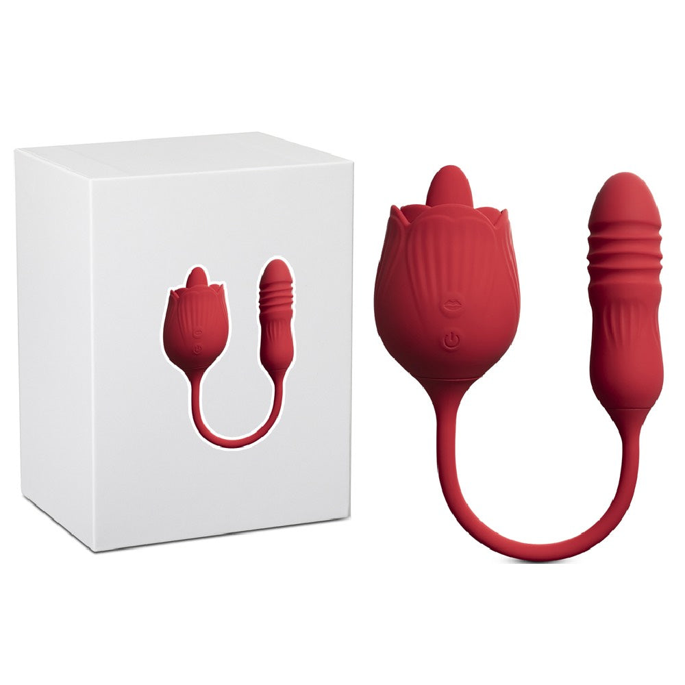 RED silicone clitoral Rose Licking Tongue with thrusting Bullet Vibrator