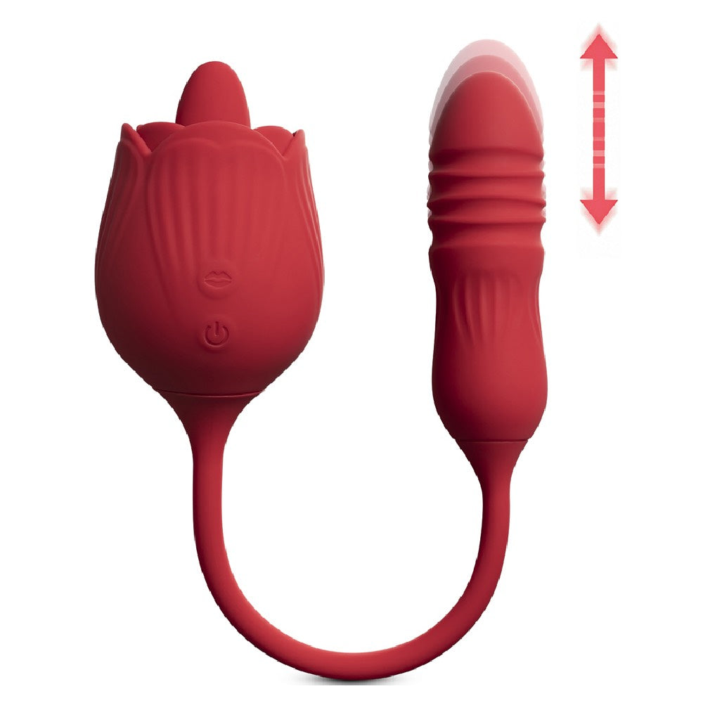 RED silicone clitoral Rose Licking Tongue with thrusting Bullet Vibrator - image 3