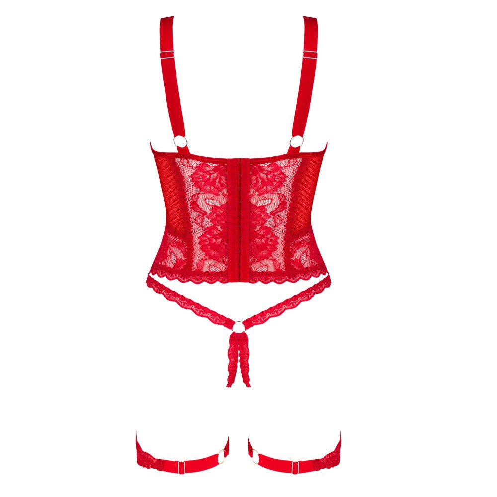 Plus size Obsessive Belovya red corset with garters and thong