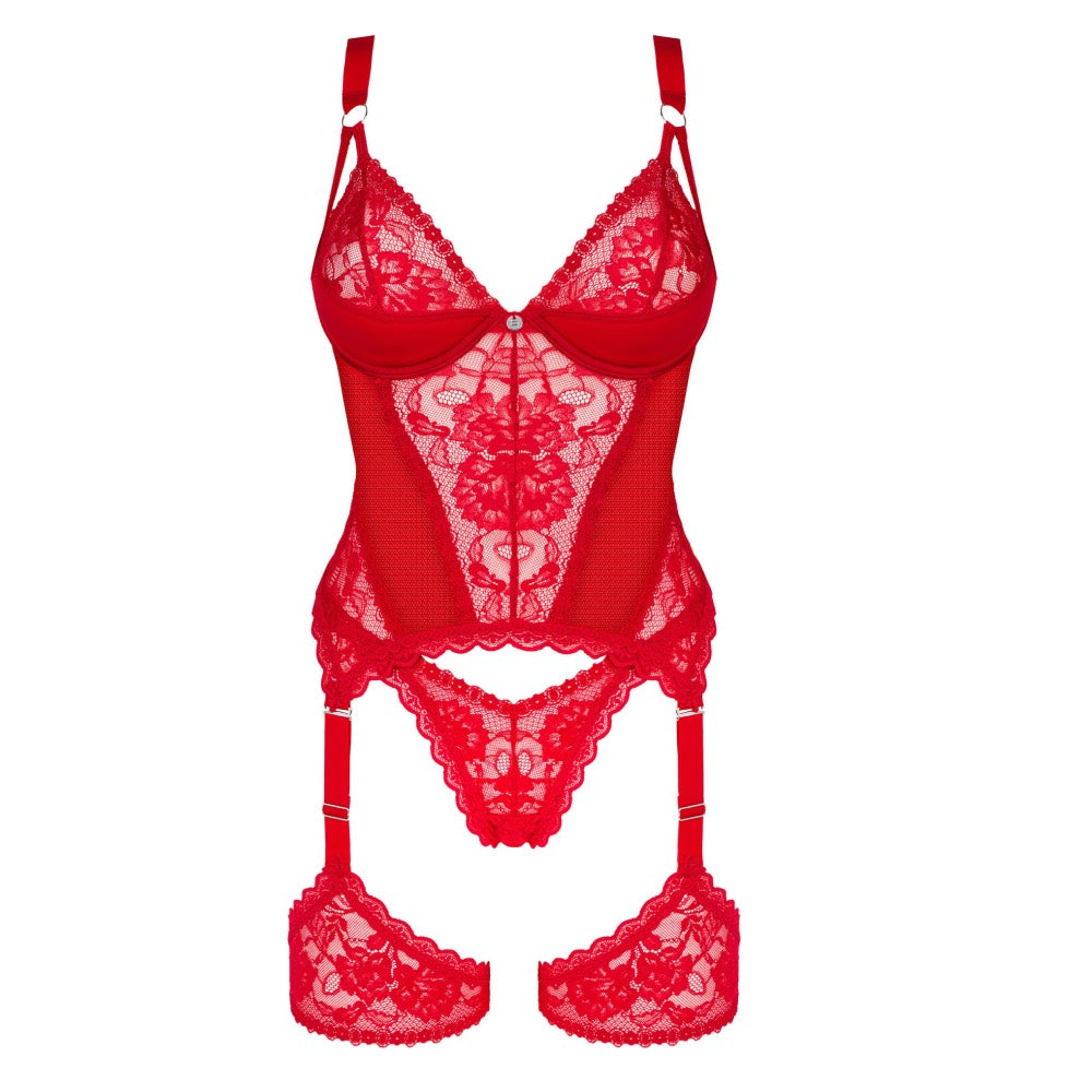 Plus size Obsessive Belovya red corset with garters and thong