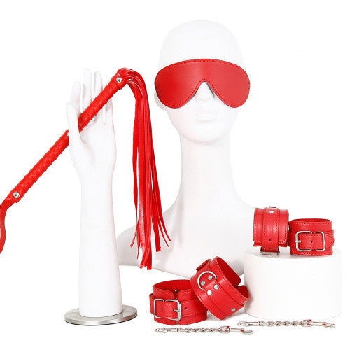 Red Bondage Set eye mask whip wrist & ankle cuffs 4 pcs Κύρια εικόνα προϊόντος