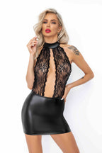 Noir handmade Short powerwetlook dress with lace top