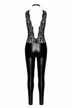 Noir handmade Deep-V catsuit with collar and pearl chain - image 5