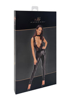 Noir handmade Deep-V catsuit with collar and pearl chain - image 7