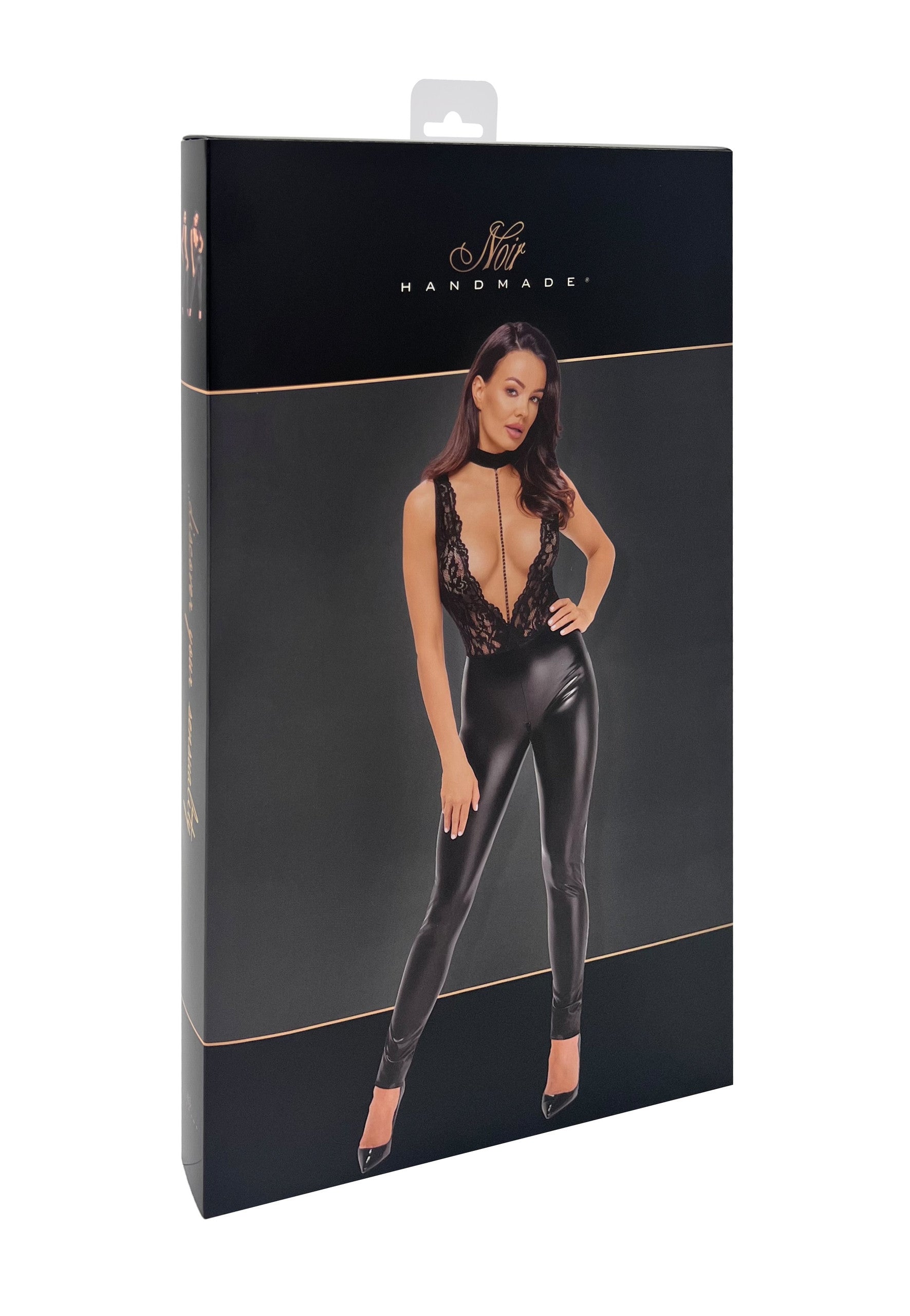 Noir handmade Deep-V catsuit with collar and pearl chain - image 7