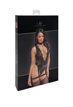 Noir handmade Deep-V bodysuit with collar, pearl chain and garter - image 7