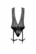 Noir handmade Deep-V bodysuit with collar, pearl chain and garter - image 5