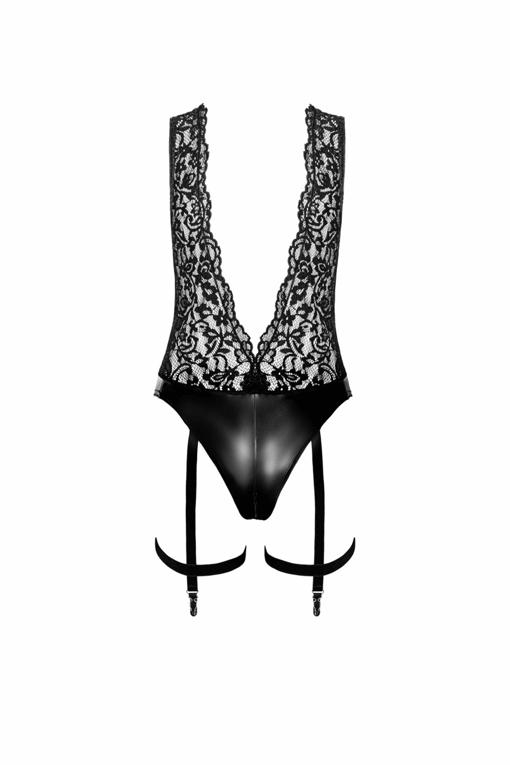 Noir handmade Deep-V bodysuit with collar, pearl chain and garter - image 5