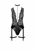 Noir handmade Deep-V bodysuit with collar, pearl chain and garter - image 6