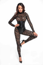 Noir handmade Enigma lace catsuit with underbust bodice