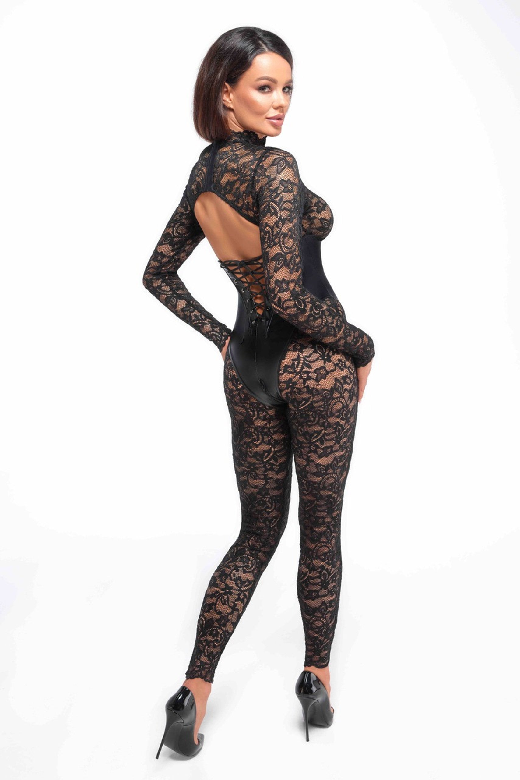 Noir handmade Enigma lace catsuit with underbust bodice - image 3