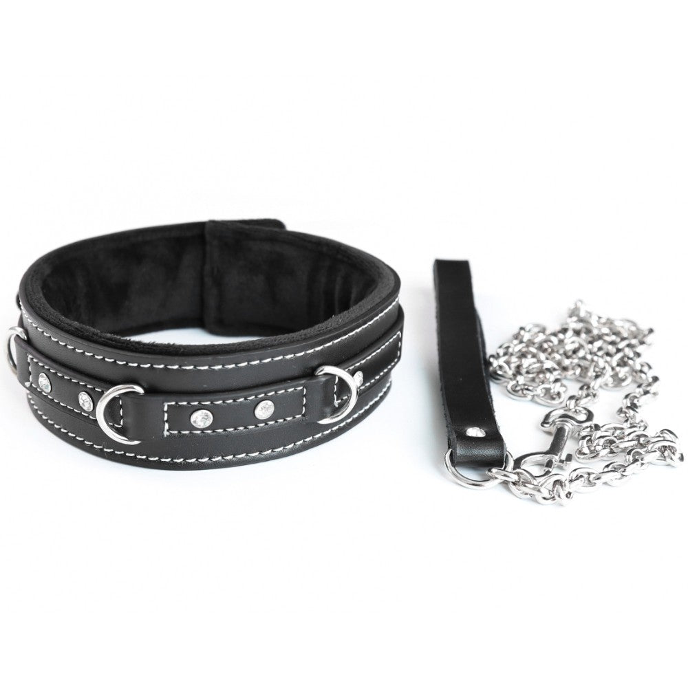 NAUGHTY TOYS Black leather Collar with gems and metal Leash