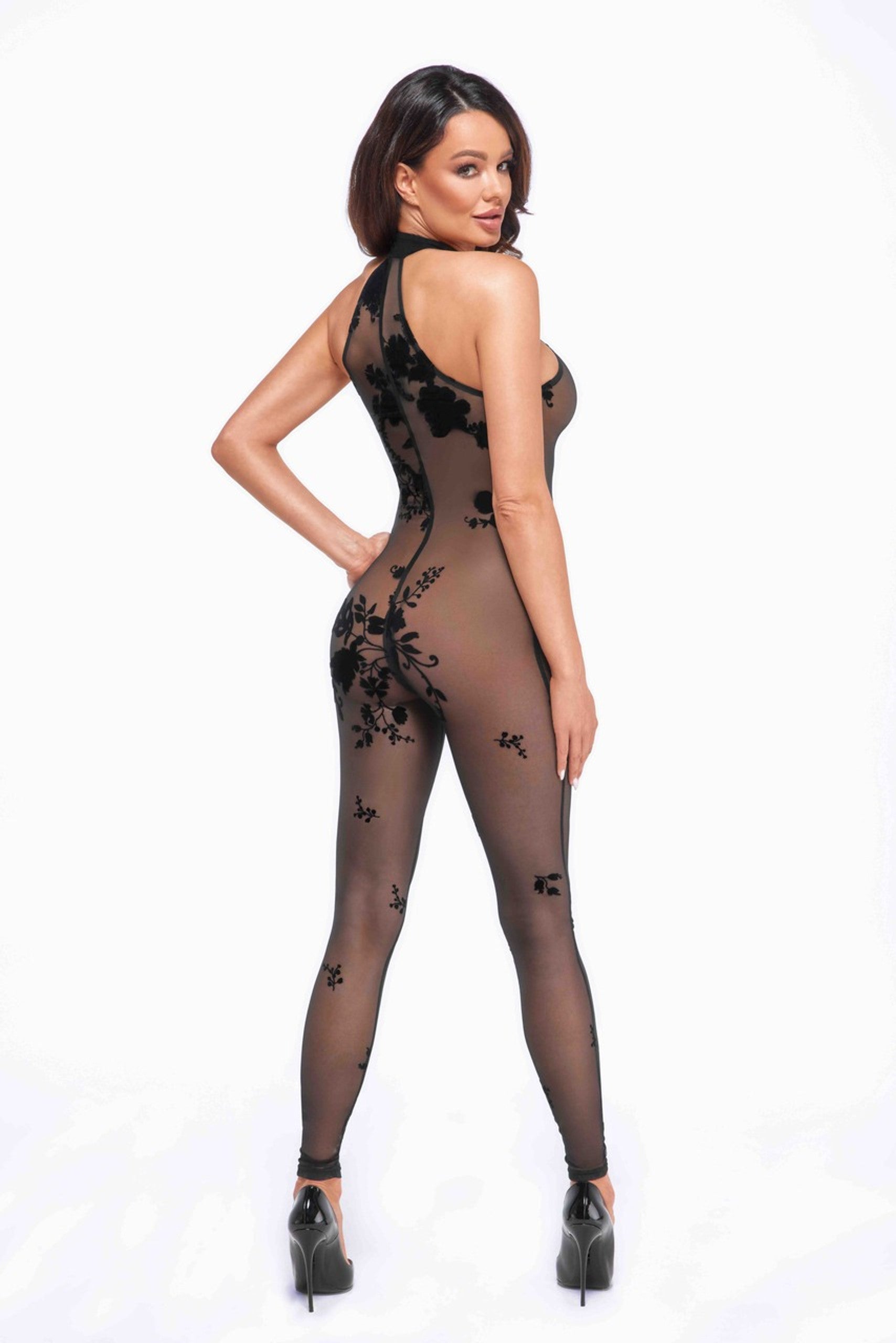 Noir handmade Ego flocked mesh halter catsuit - image 3
