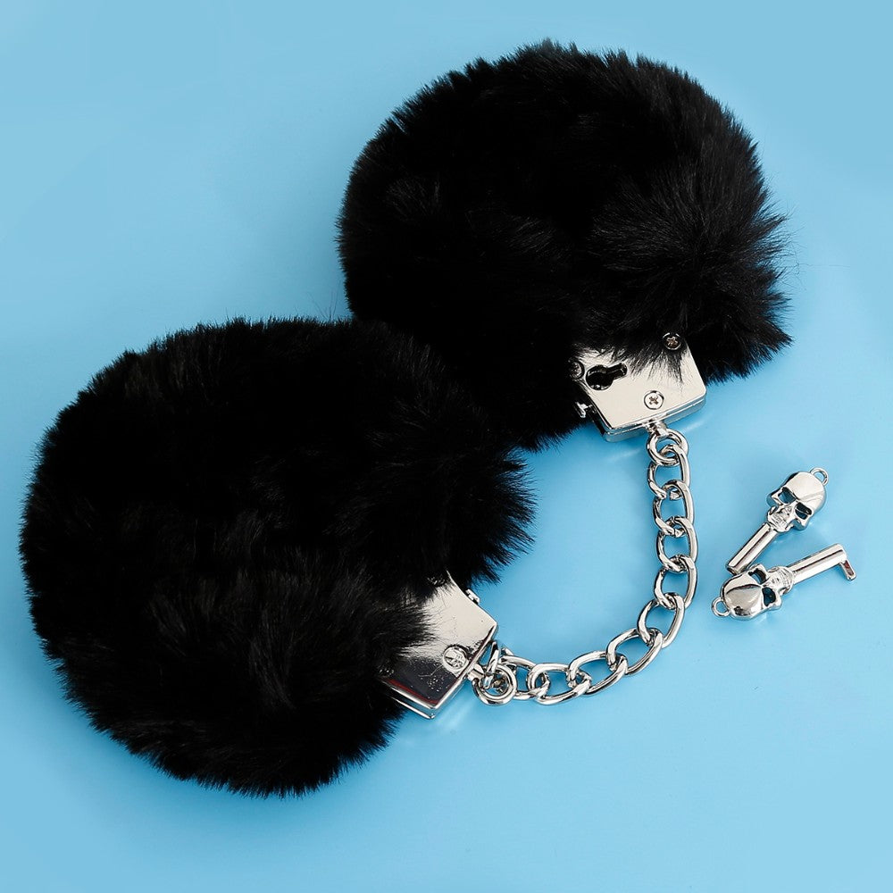 NAUGHTY TOYS Silver plated heavy handcuffs with black furry - image 5