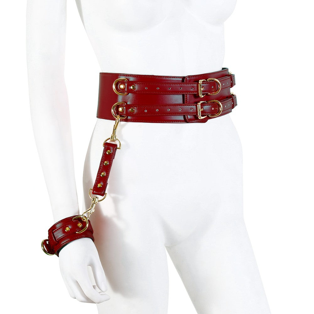 NAUGHTY TOYS WINE RED GOLD leather corset cuffs restraints 2pcs set Secondary image