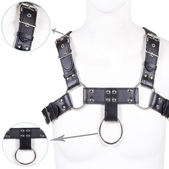 Black adjustable leather chest Harness with buckle strap O-rings - image 3