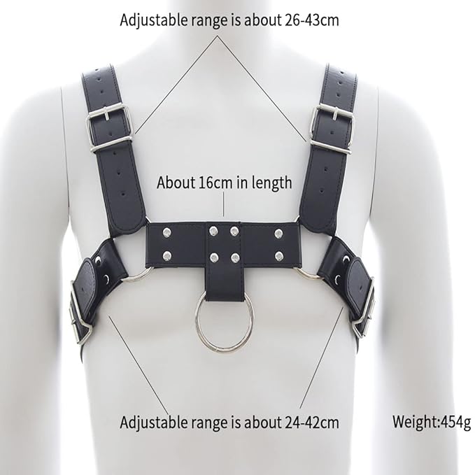 Black adjustable leather chest Harness with buckle strap O-rings - image 4